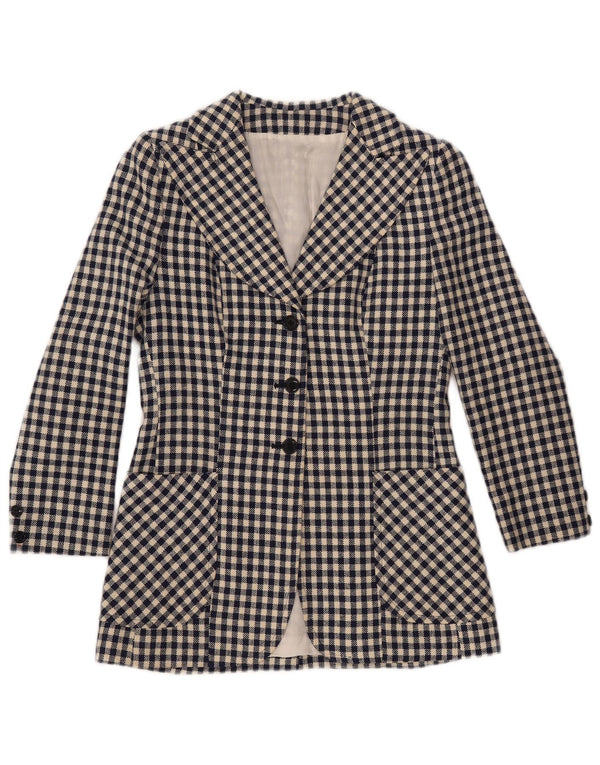 ВИНТАЖНЫЙ женский пиджак на 3 пуговицах, Великобритания, 10 маленьких размеров, темно-синий в клетку