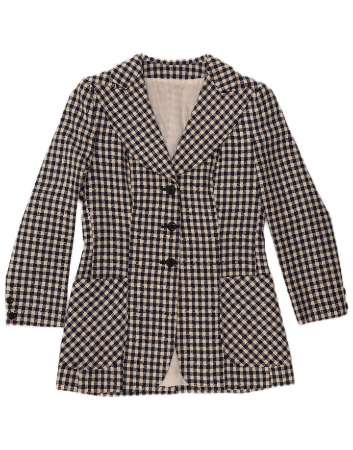 ВИНТАЖНЫЙ женский пиджак на 3 пуговицах, Великобритания, 10 маленьких размеров, темно-синий в клетку