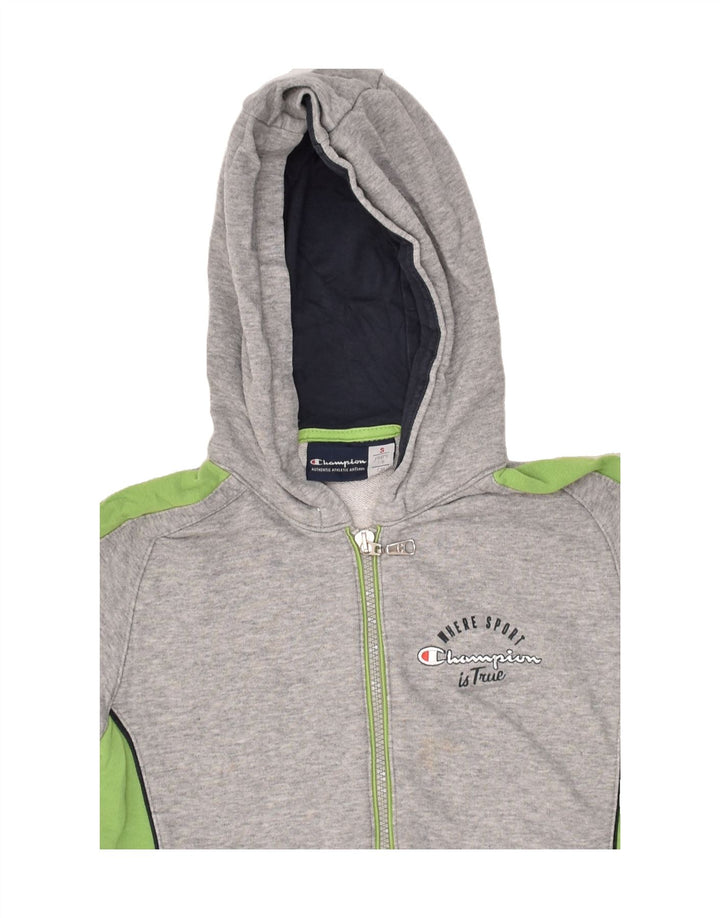 CHAMPION Boys Graphic Zip Hoodie Sweater 7-8 Years Small Grey Colourblock | Vintage Champion | Thrift | Second-Hand Champion | Used Clothing | Messina Hembry 