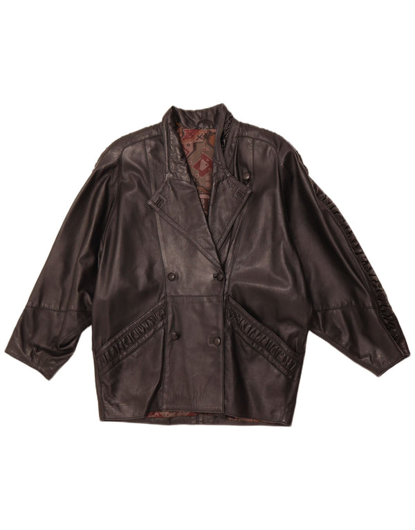 ВИНТАЖНАЯ женская двубортная кожаная куртка UK 16, большая черная кожа