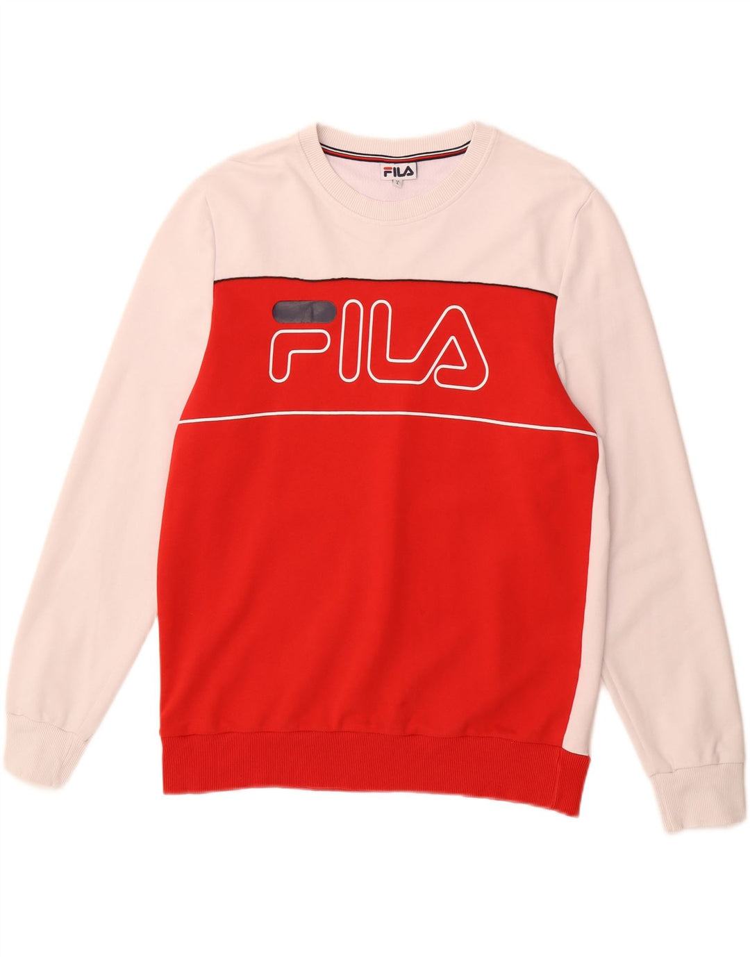 FILA Mens Graphic Sweatshirt Jumper IT 52 Large Red Colourblock Cotton Vintage Fila and Second-Hand Fila from Messina Hembry 