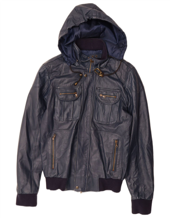 ВИНТАЖНАЯ женская кожаная куртка с капюшоном UK 14, большая темно-синяя кожаная