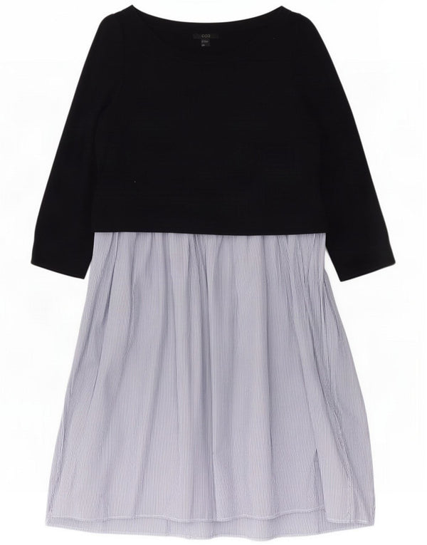 Cos Womens 3/4 Sleeve Basic Dress UK 6 XS Navy Blue Pinstripe Cotton