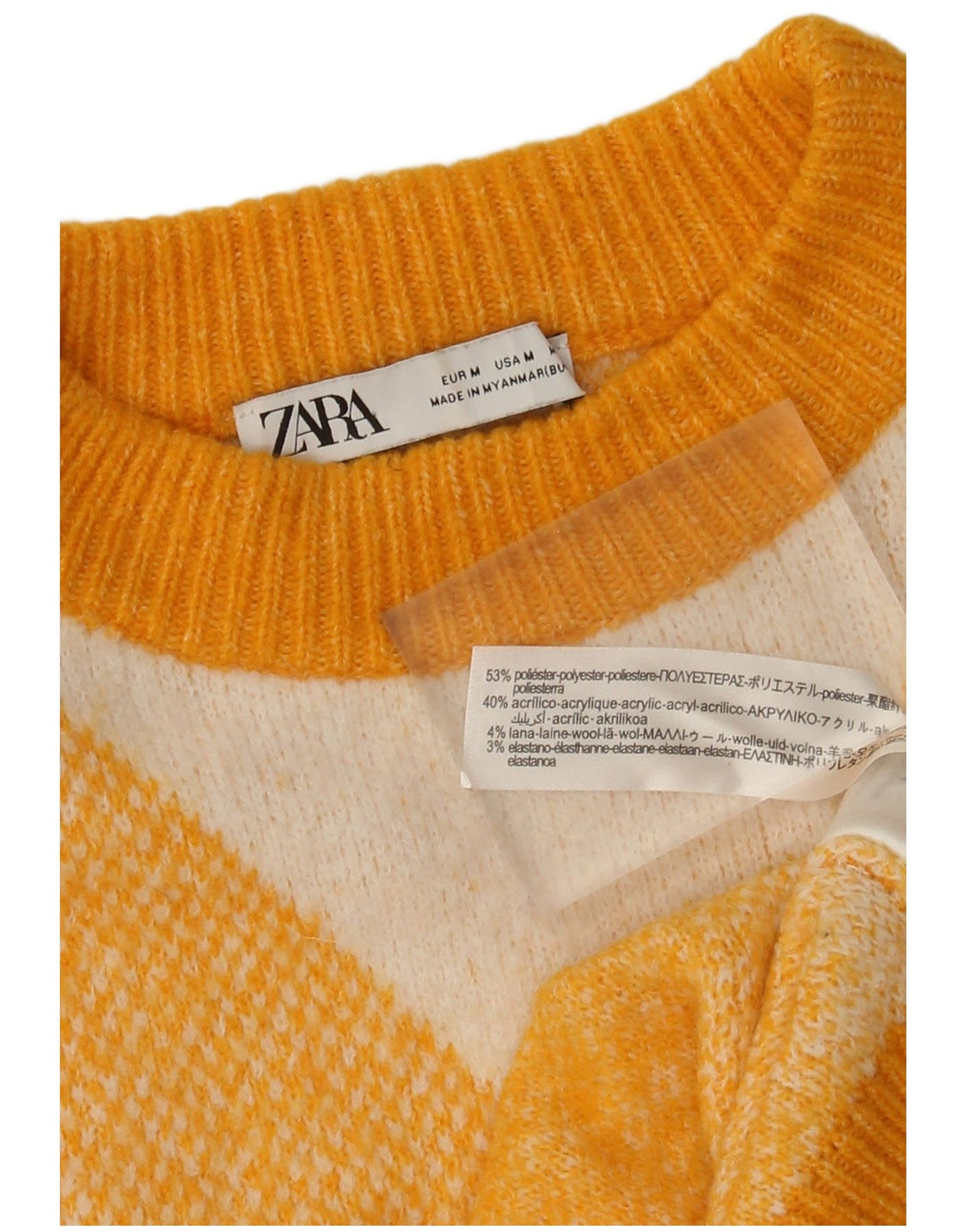 Женский джемпер с круглым вырезом Zara UK 14, средний желтый с узором «аргайл/бриллиант»