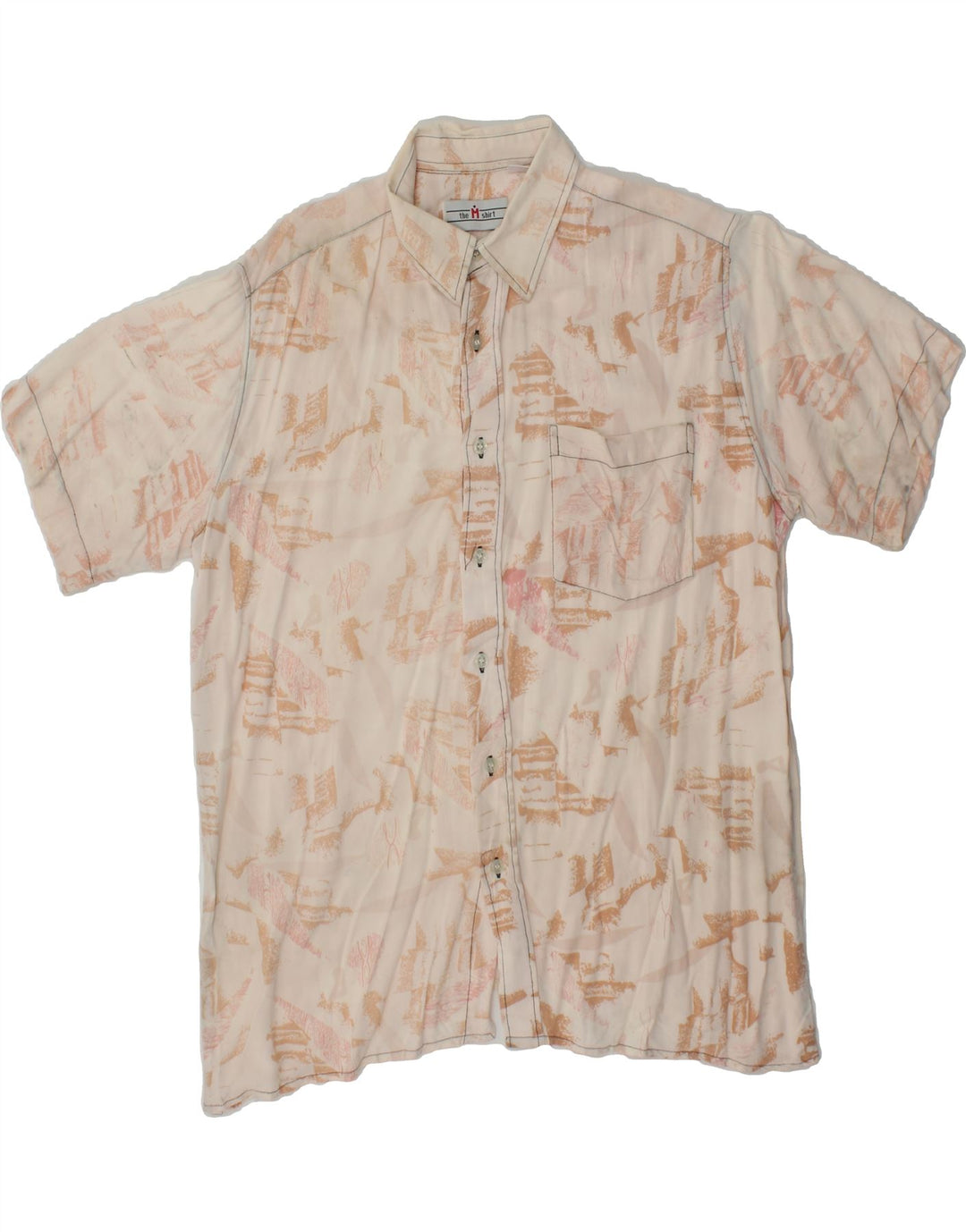 VINTAGE Mens Abstract Pattern Short Sleeve Shirt Medium Beige Vintage Vintage and Second-Hand Vintage from Messina Hembry 
