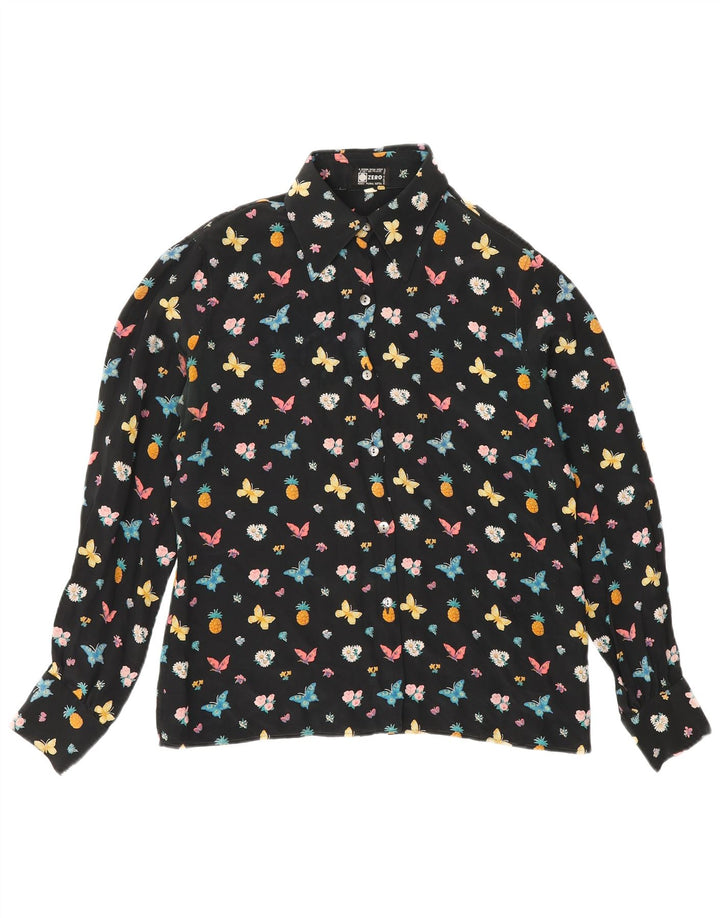 Zero Womens Graphic Shirt Blouse IT 46 Large Black Floral Silk Butterfly