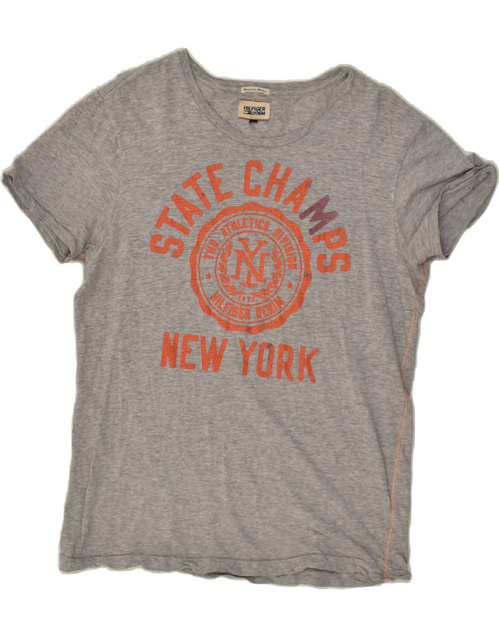 TOMMY HILFIGER Womens Graphic T-Shirt Top UK 12 Medium Grey Cotton | Vintage Tommy Hilfiger | Thrift | Second-Hand Tommy Hilfiger | Used Clothing | Messina Hembry 