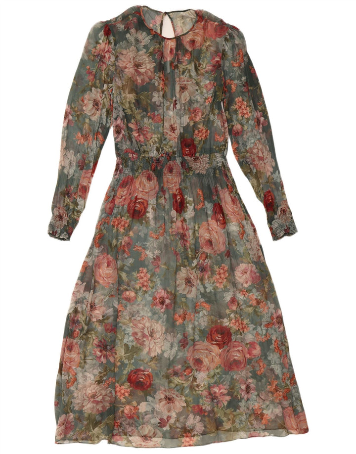 ВИНТАЖНОЕ женское платье макси с длинным рукавом, Великобритания 12, средний разноцветный цветочный принт