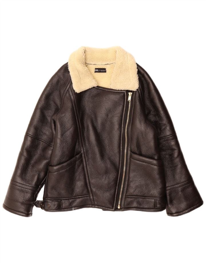 ZARA Womens Sherpa Jacket UK 14 Medium Brown Polyurethane