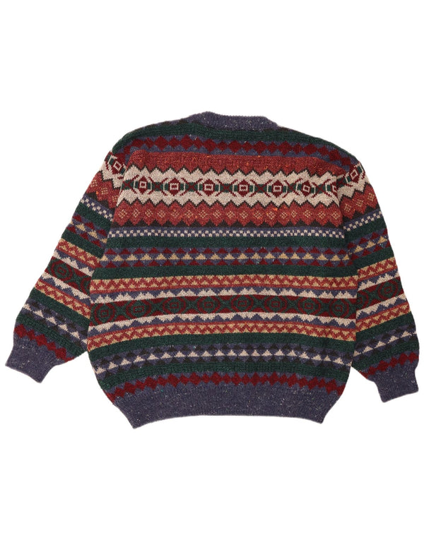 Винтажный мужской джемпер с круглым вырезом, свитер размера XL, разноцветный шерстяной геометрический узор