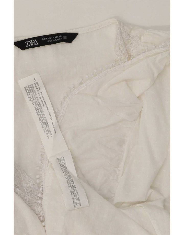 Женская блузка Zara с оборками спереди и длинными рукавами, топ UK 10, маленький белый хлопок