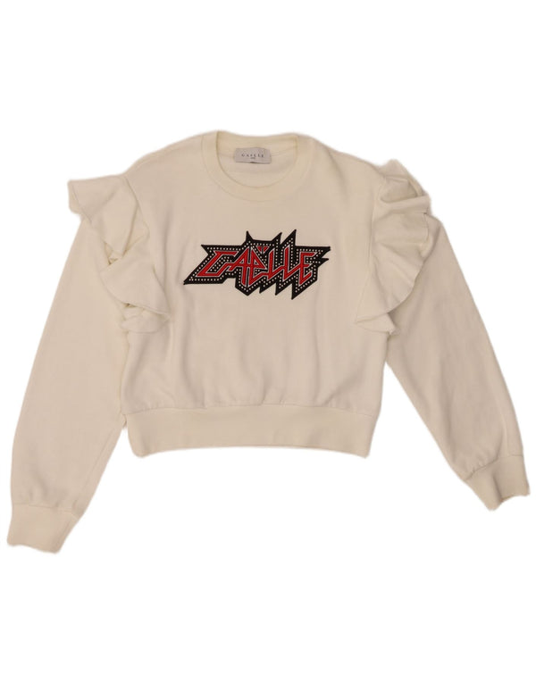 GAELLE Womens Crop Graphic Sweatshirt Jumper Size 1 Small White Cotton