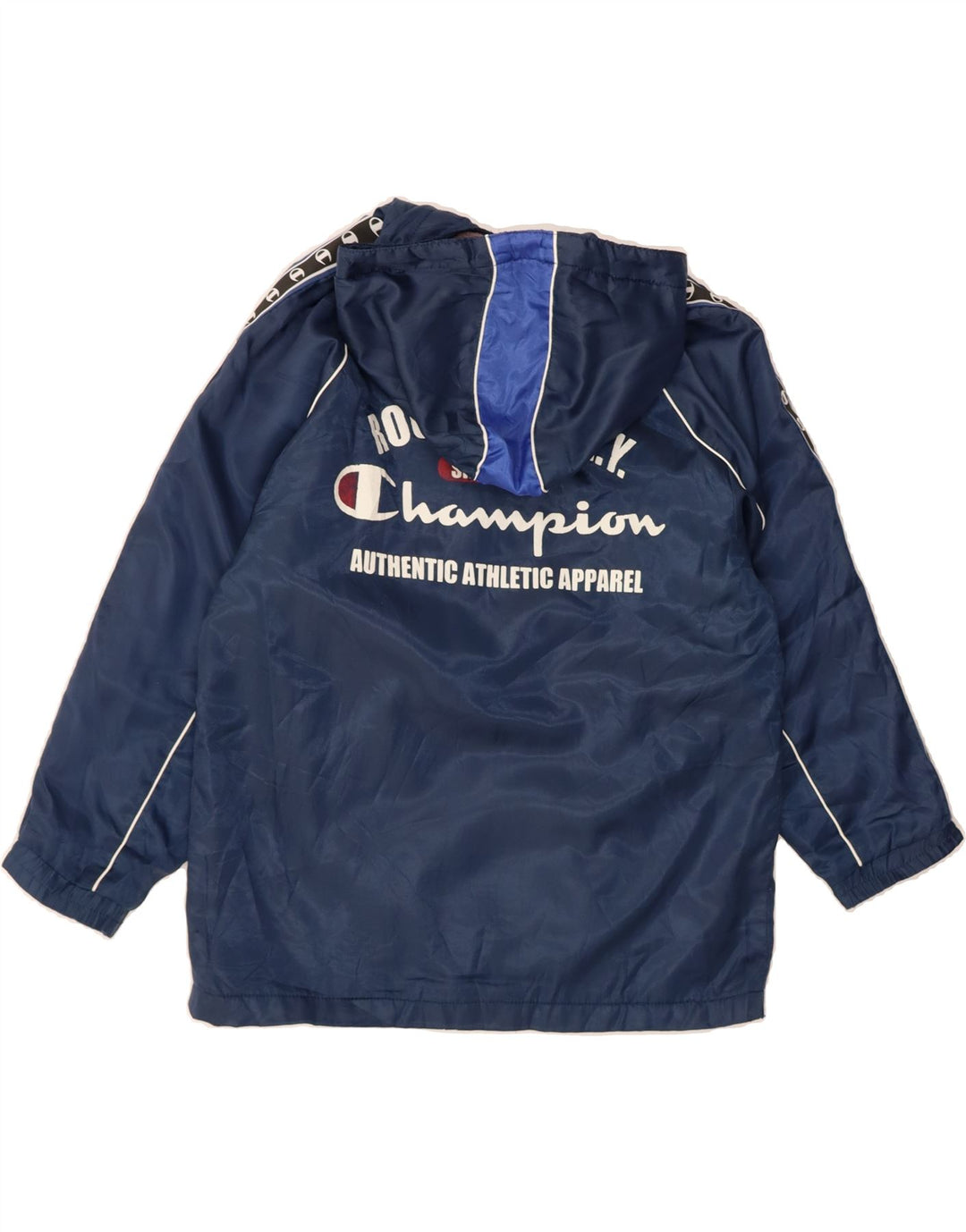 CHAMPION Boys Graphic Hooded Windbreaker Jacket 9-10 Years Navy Blue Vintage Champion and Second-Hand Champion from Messina Hembry 