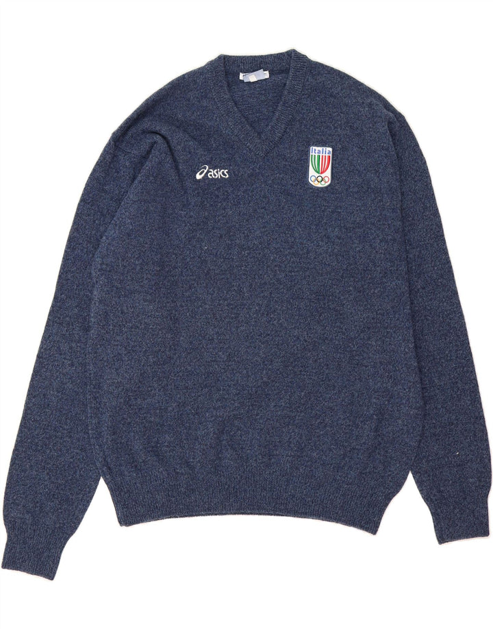 ASICS Mens V-Neck Jumper Sweater XL Blue Flecked Wool Vintage Asics and Second-Hand Asics from Messina Hembry 