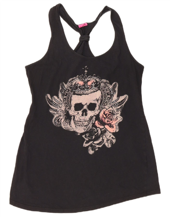 ВИНТАЖНЫЙ женский жилет с графическим рисунком UK 12, средний черный хлопок, черный