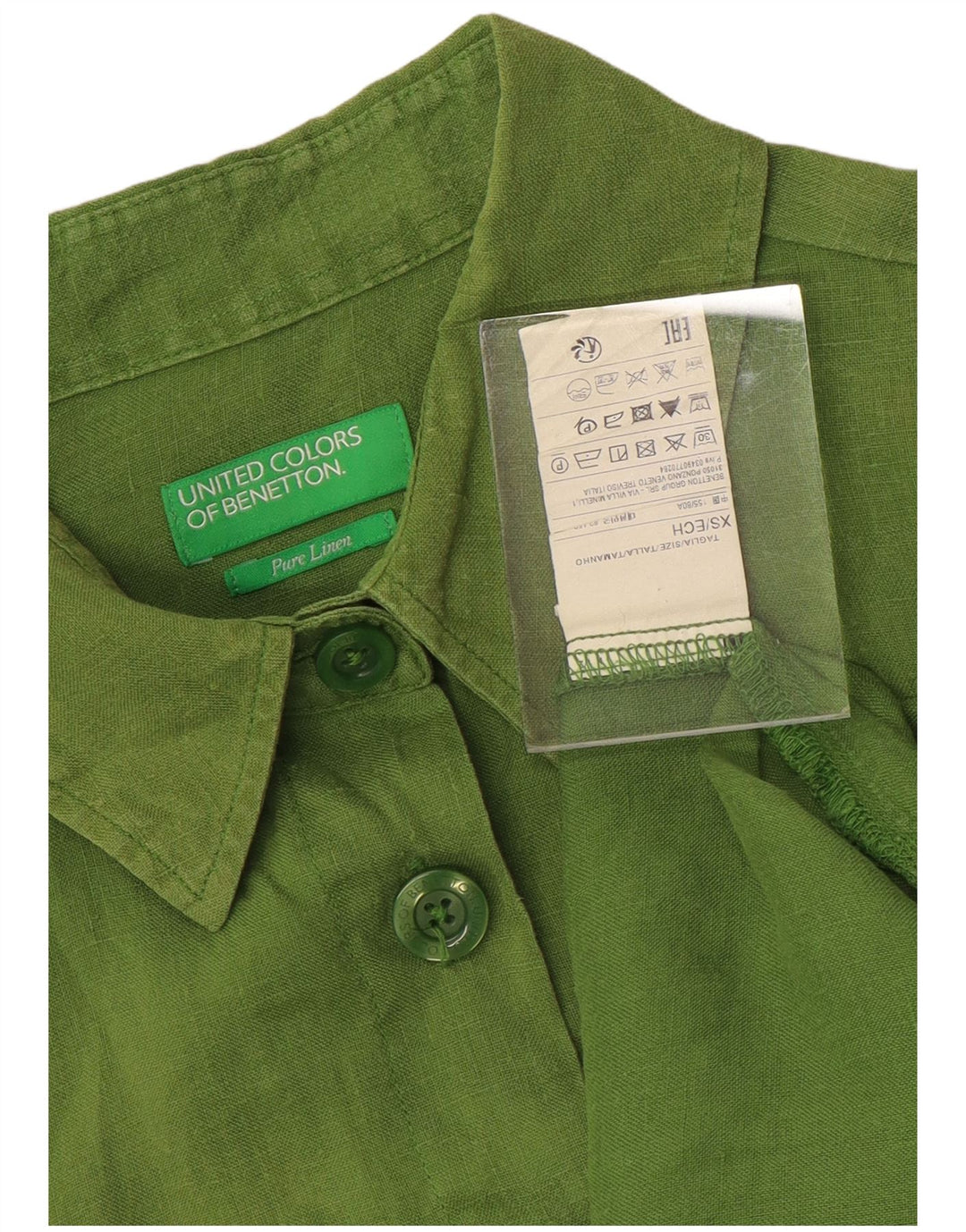BENETTON Женская рубашка оверсайз с коротким рукавом UK 6 XS, зеленая льняная ткань