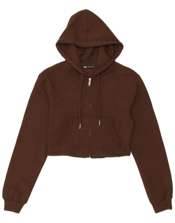 Женский укороченный свитер с капюшоном на молнии Zara UK 12, хлопковый средний коричневый цвет
