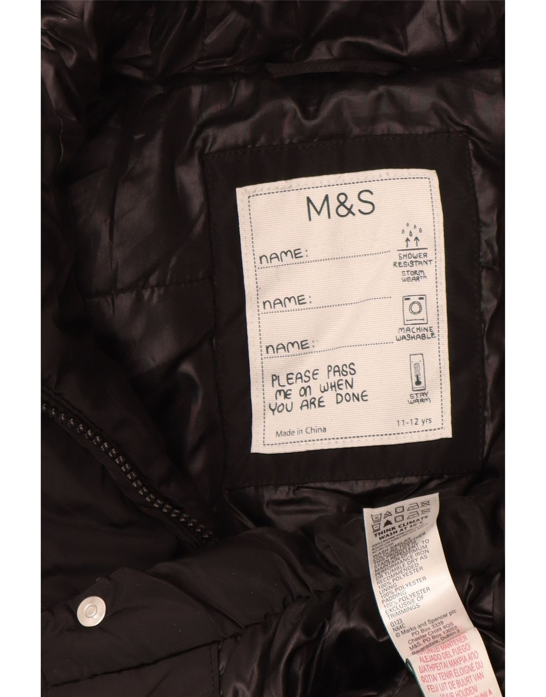 Пуховик с капюшоном Marks & Spencer для девочек 11–12 лет, черный полиэстер