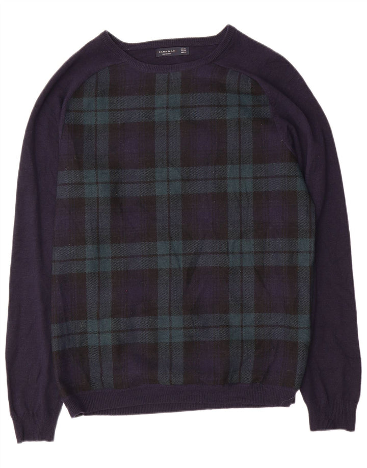 Мужской свитер с вырезом «лодочка» ZARA XL, темно-синий в клетку