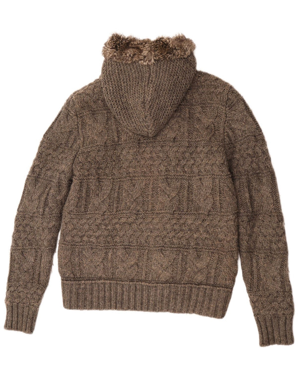 Zara Mens Hooded Cardigan Sweater Large Brown Flecked Acrylic