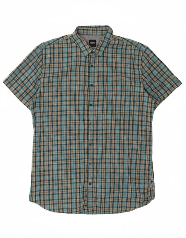 Мужская рубашка с коротким рукавом Hugo Boss XL, синяя клетка, хлопок