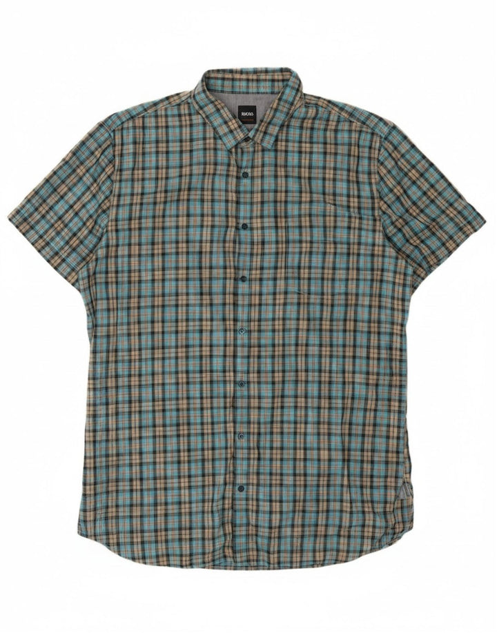 Мужская рубашка с коротким рукавом Hugo Boss XL, синяя клетка, хлопок