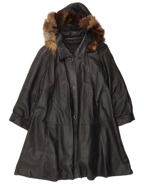 ВИНТАЖНОЕ женское кожаное пальто свободного кроя с капюшоном UK 14, кожа среднего черного цвета