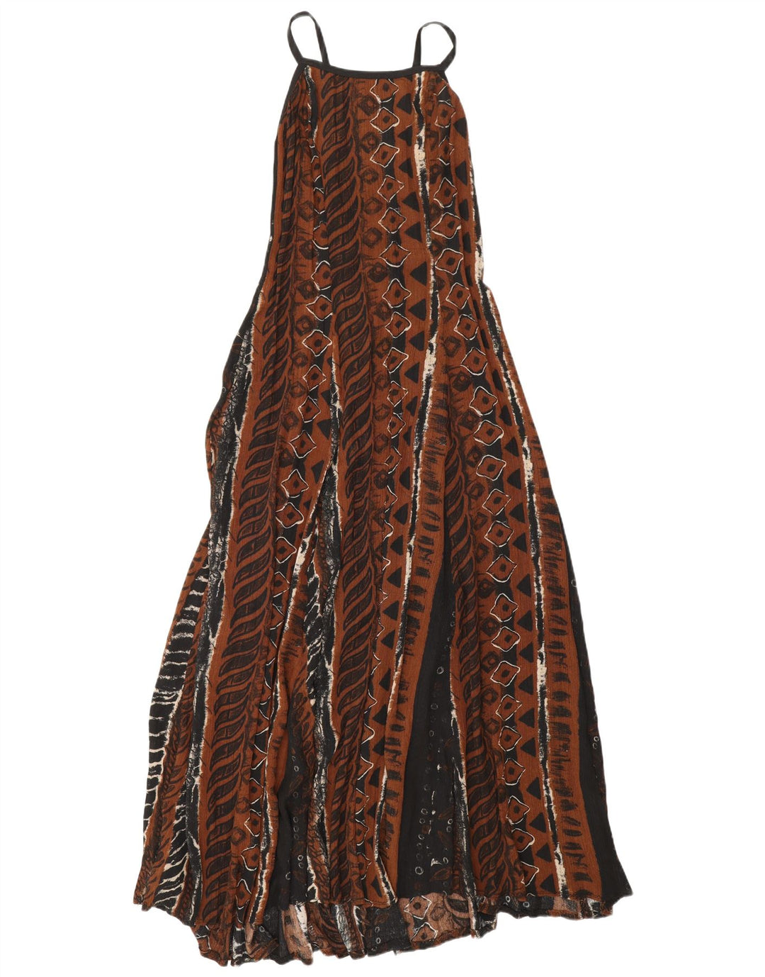 Винтажное женское платье макси без рукавов UK 12, средний коричневый вискоза с геометрическим рисунком