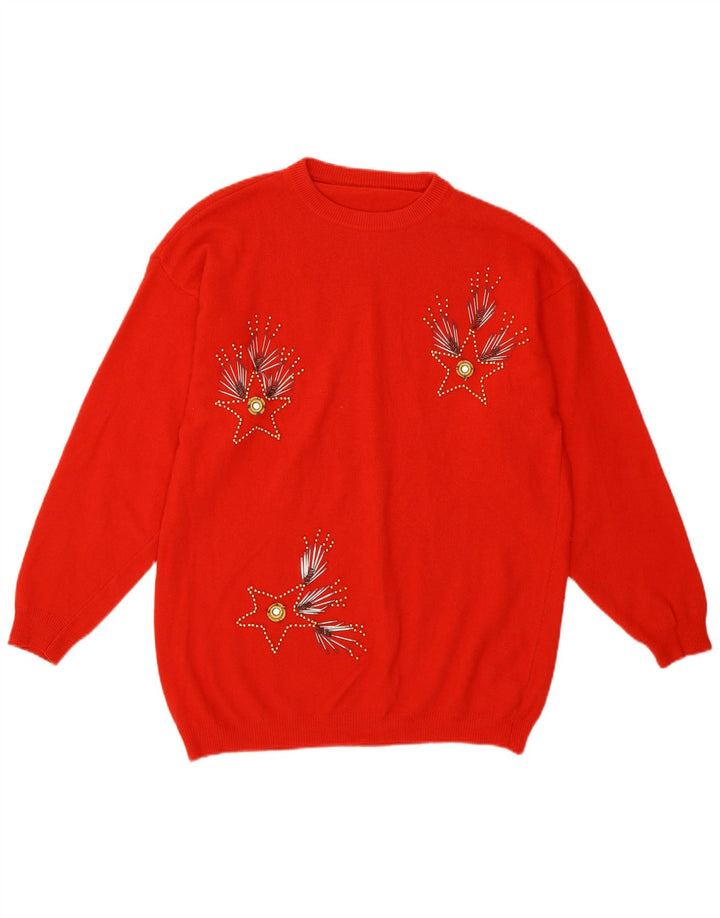 Винтажный женский джемпер с круглым вырезом с абстрактным узором, свитер UK 14, средний красный цвет