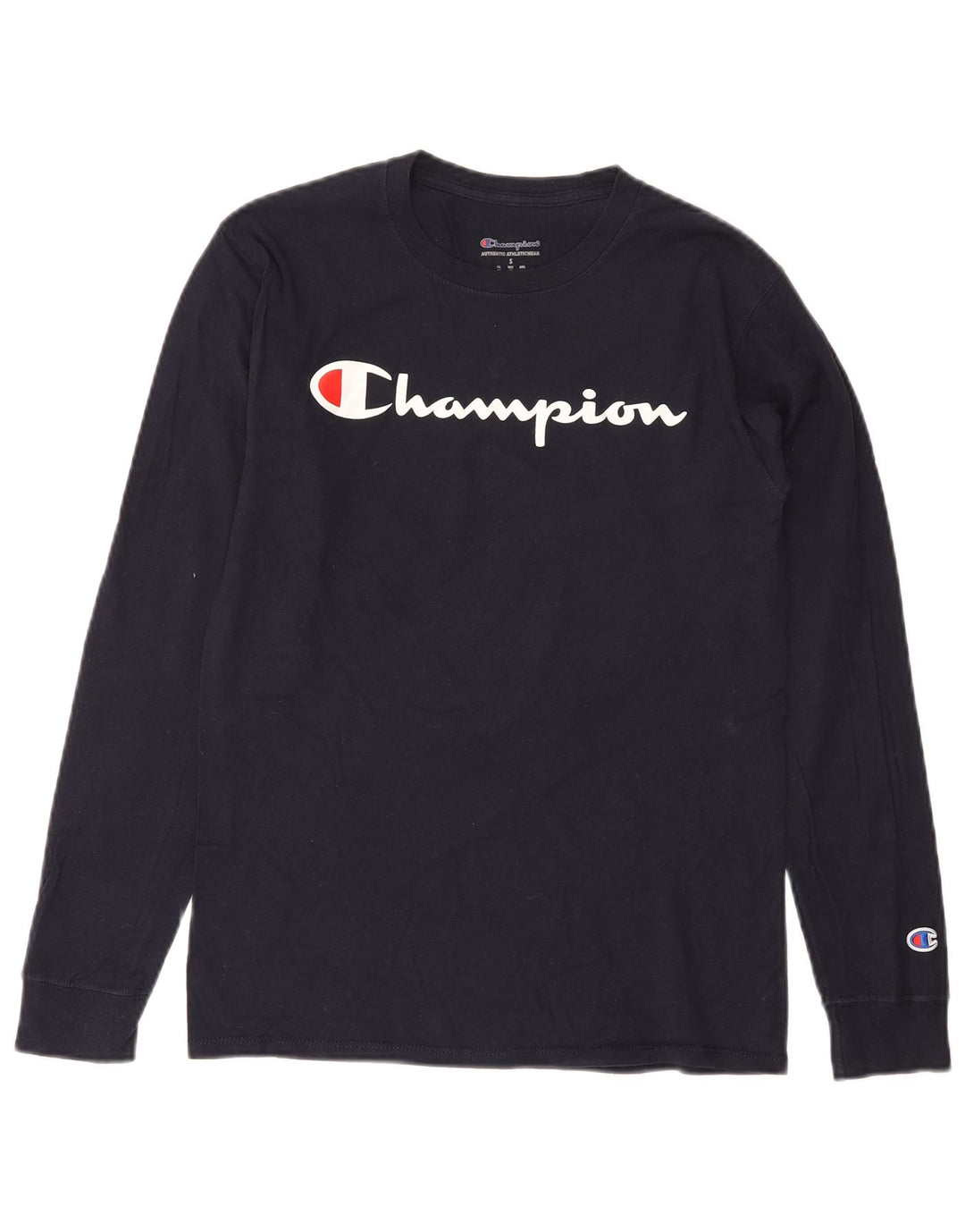 CHAMPION Mens Graphic Top Long Sleeve Small Navy Blue Cotton