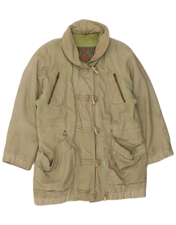 Винтажное женское кожаное пальто оверсайз EU 44 XL, зеленое кожаное