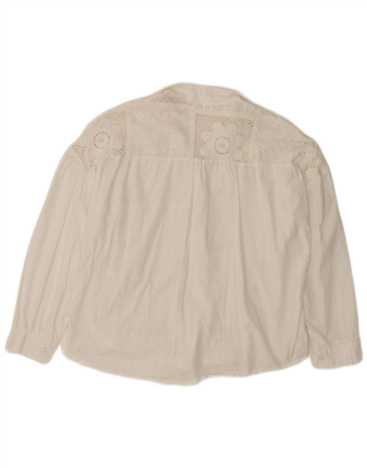 ВИНТАЖНАЯ женская блузка-рубашка с рукавом 3/4, Великобритания 14, средний белый цветочный хлопок