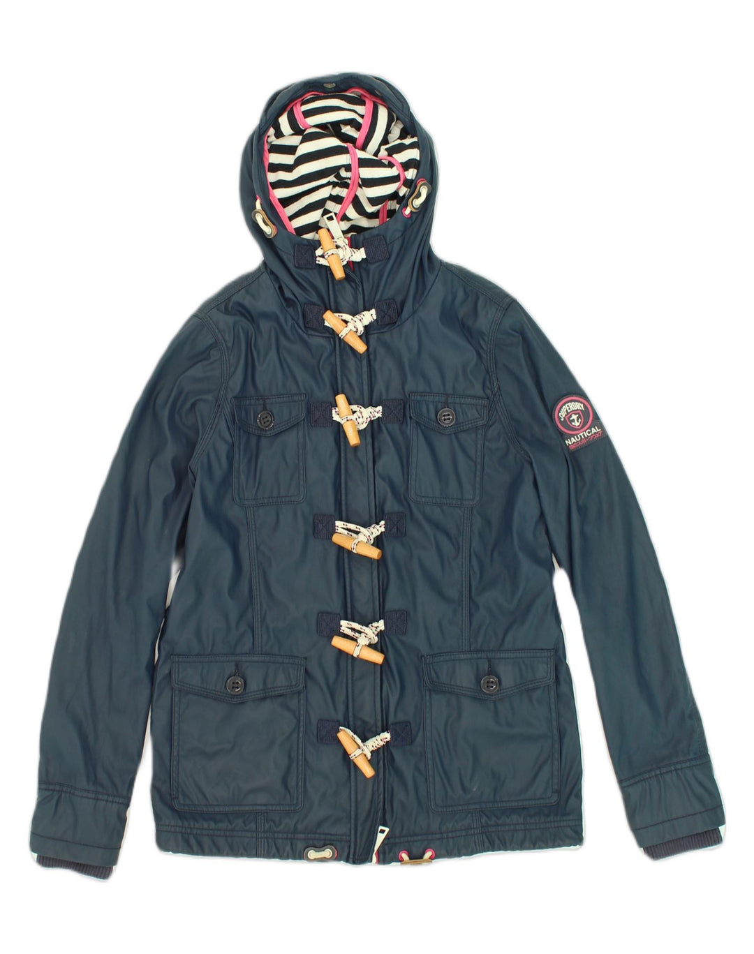 SUPERDRY Womens Hooded Duffle Jacket UK 6 XS Navy Blue Polyester | Vintage Superdry | Thrift | Second-Hand Superdry | Used Clothing | Messina Hembry 