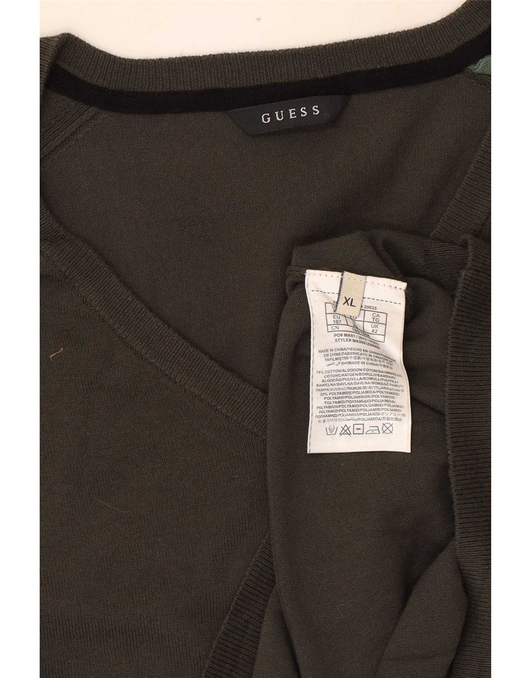 Guess Мужской джемпер с v-образным вырезом XL, хаки, хлопок