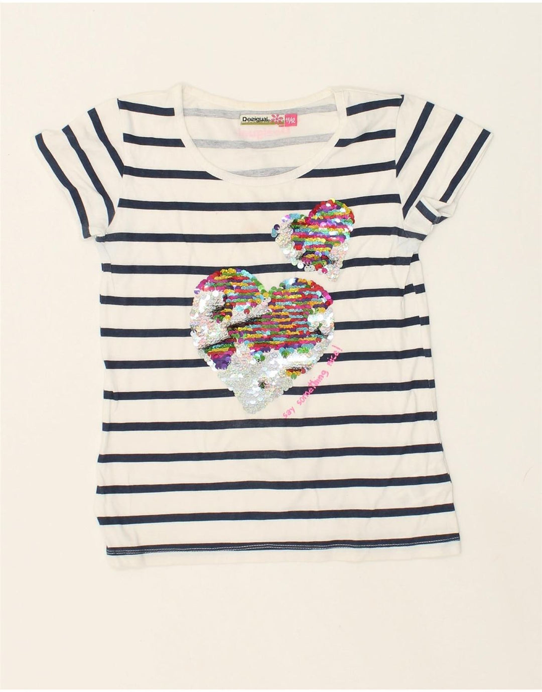DESIGUAL Girls Graphic T-Shirt Top 11-12 Years White Striped Nautical | Vintage Desigual | Thrift | Second-Hand Desigual | Used Clothing | Messina Hembry 