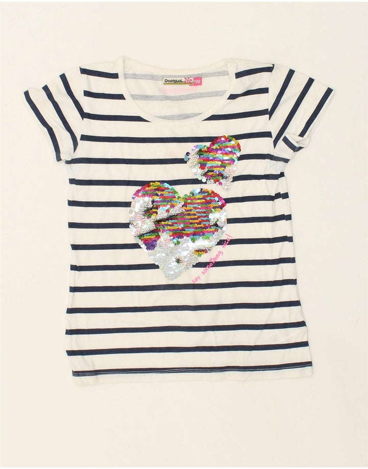 DESIGUAL Girls Graphic T-Shirt Top 11-12 Years White Striped Nautical | Vintage Desigual | Thrift | Second-Hand Desigual | Used Clothing | Messina Hembry 