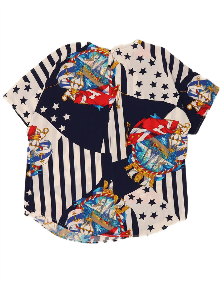 ВИНТАЖНАЯ Женская Блузка Топ Великобритания 10/12 Средний Темно-Синий Цветной блок