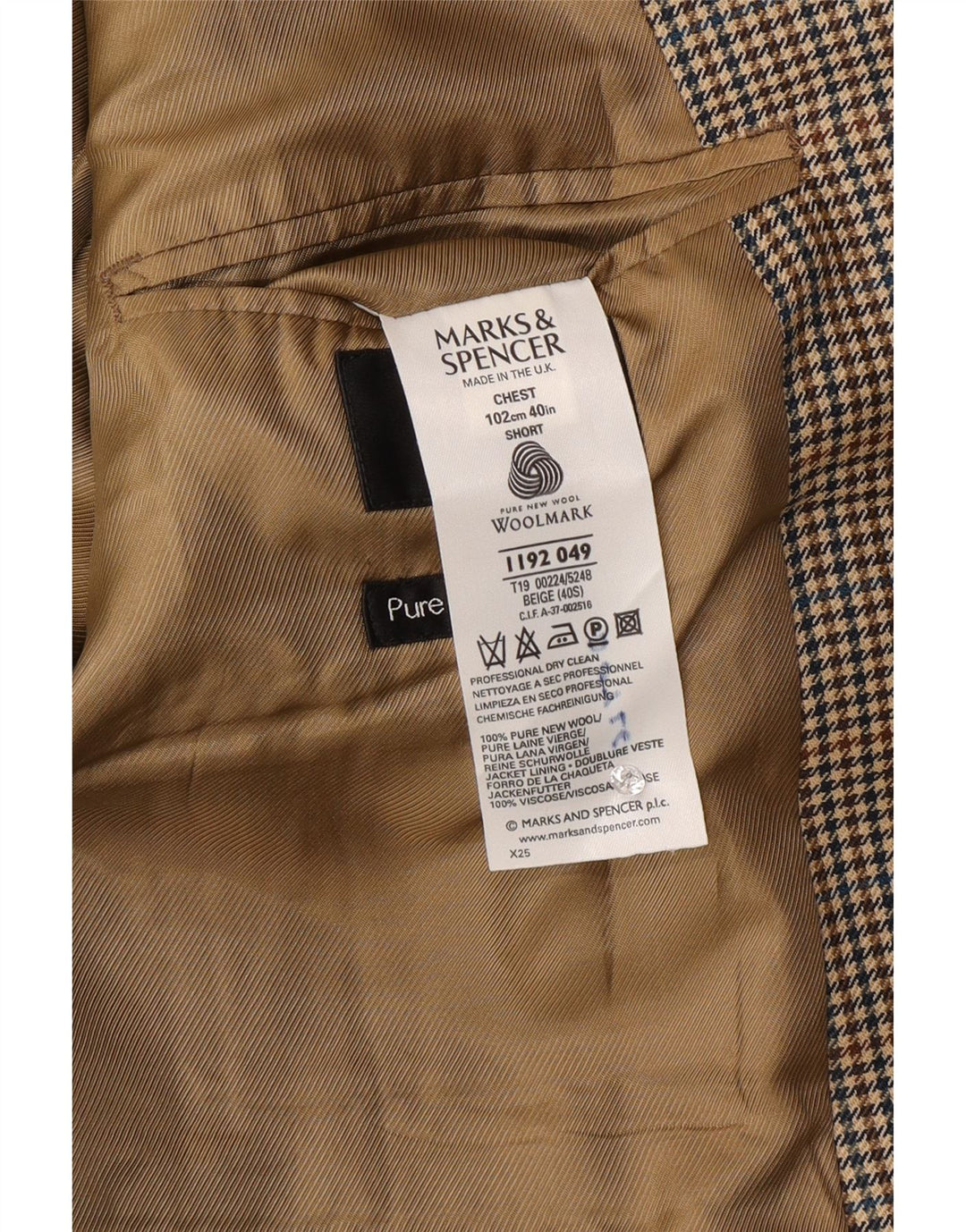 Мужской пиджак на двух пуговицах Marks & Spencer UK 40, шерстяной в бежевую клетку среднего размера