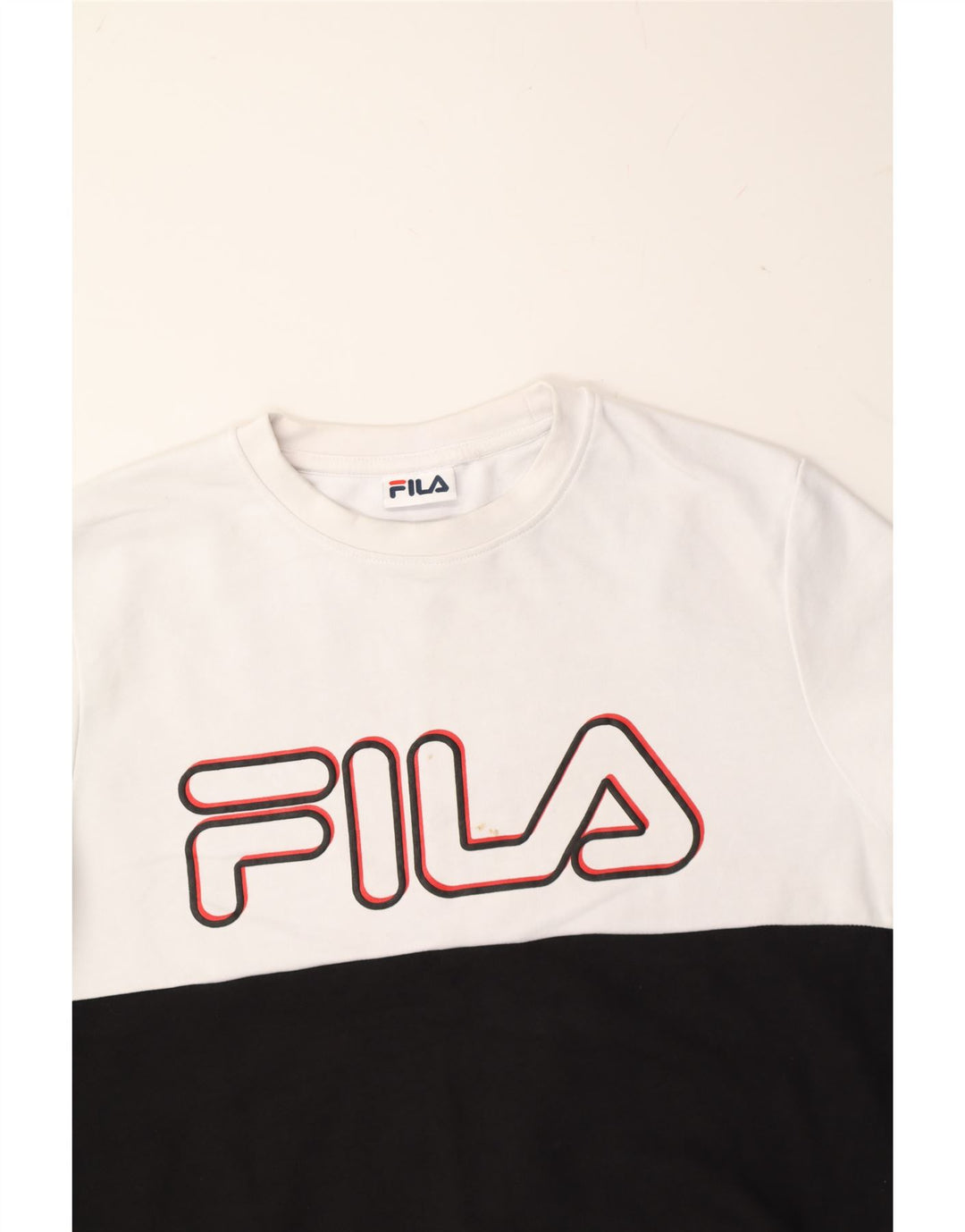 FILA Mens Graphic Sweatshirt Jumper Medium White Colourblock Cotton Vintage Fila and Second-Hand Fila from Messina Hembry 