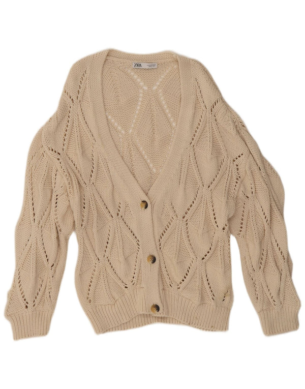 Женский кардиган Zara UK 14, хлопковый средний бежевый цвет