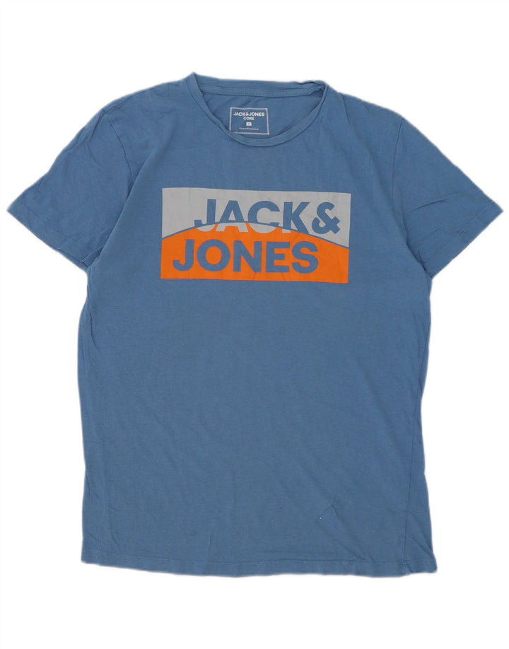 Мужская футболка с рисунком Jack & Jones, хлопковый топ среднего синего цвета