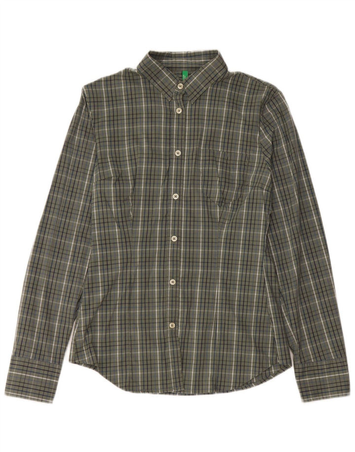 Женская рубашка Benetton UK 12, средний цвет хаки в клетку, хлопок