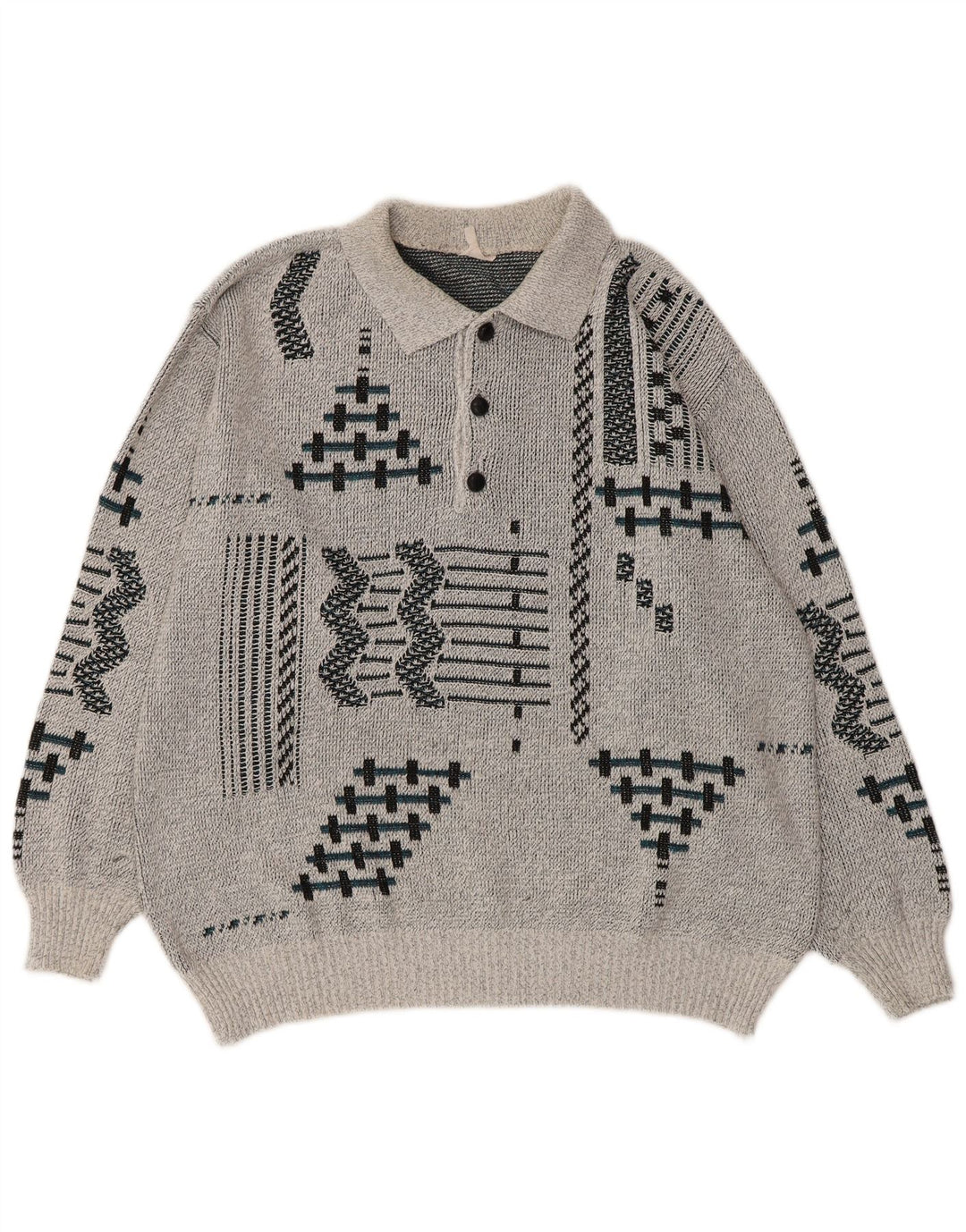 Винтажный мужской джемпер с воротником-поло, Великобритания, 38/40, средний серый с геометрическим рисунком