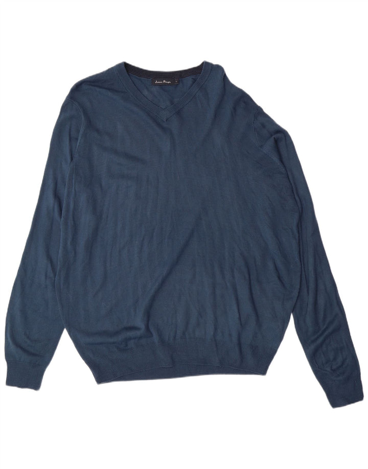 JAMES PRINGLE Mens V-Neck Jumper Sweater Large Blue Acrylic