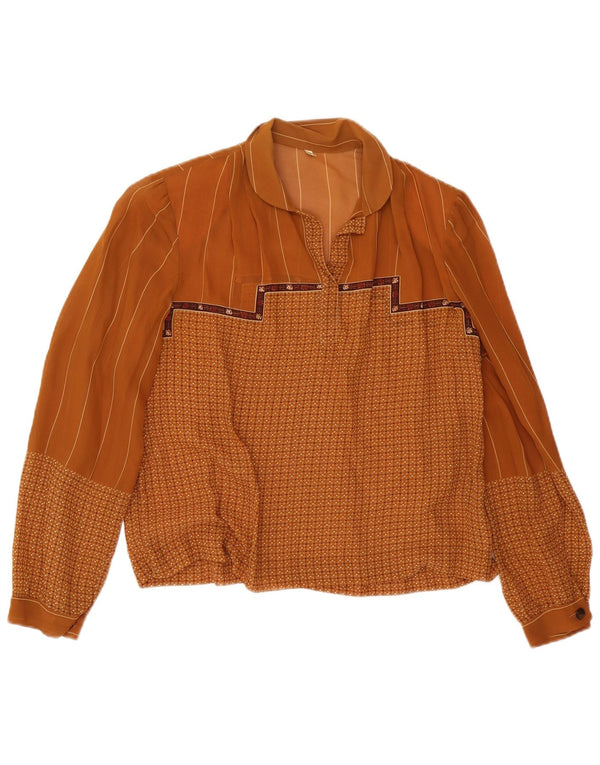 Винтажная женская блузка с длинным рукавом Top IT 48 XL Коричневая с геометрическим рисунком
