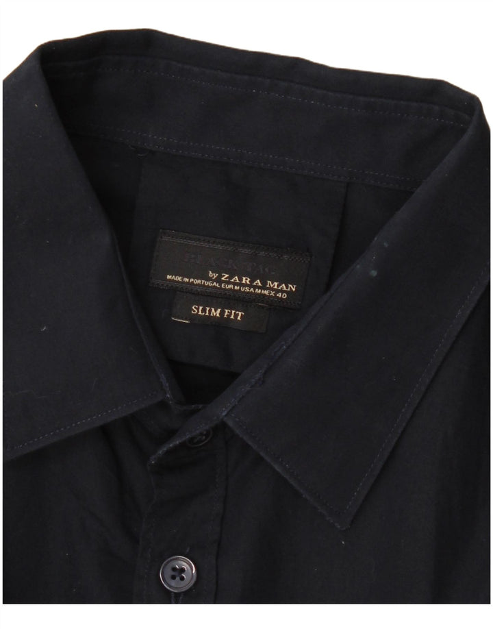 Мужская рубашка узкого кроя ZARA среднего размера, темно-синяя, с цветными блоками