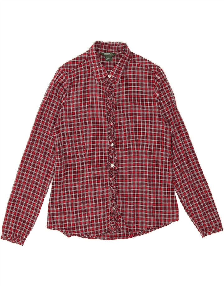 EDDIE BAUER Womens Ruffle Front Shirt UK 14 Medium Red Check Cotton Vintage Eddie Bauer and Second-Hand Eddie Bauer from Messina Hembry 