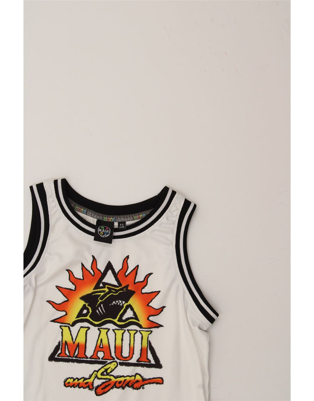 MAUI AND SONS Boys Graphic Vest Top 8-9 Years White Polyester Vintage Maui and Sons and Second-Hand Maui and Sons from Messina Hembry 