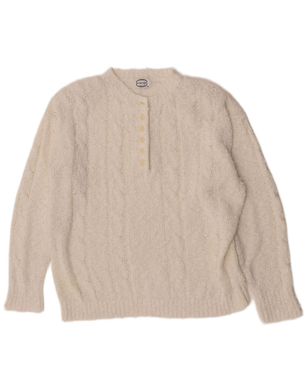 Vintage Womens Button Neck Jumper Sweater UK 14 Medium White Acrylic