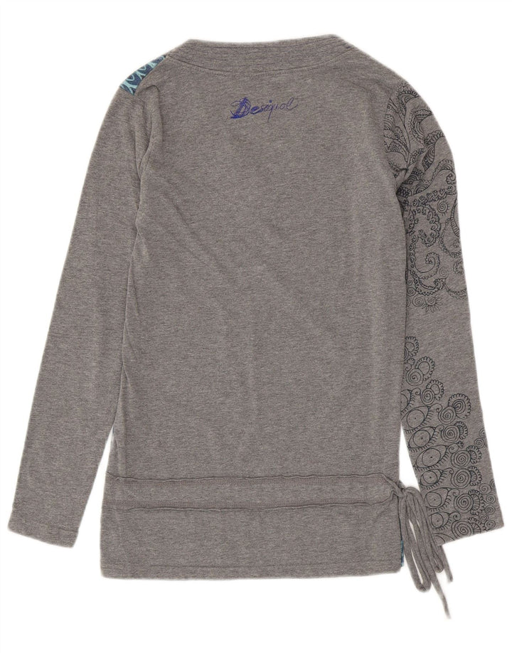 DESIGUAL Женский топ с длинным рукавом UK 10, маленький серый с цветочным принтом